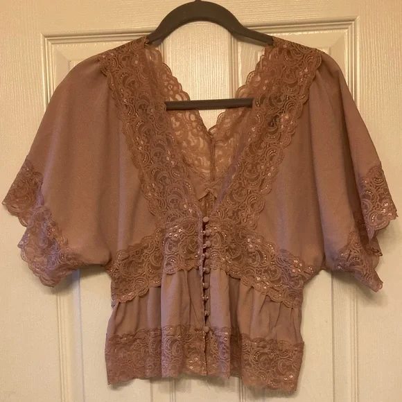 Camel Color Camisole with Lace Accents by PaperMoon - Picture 1 of 6